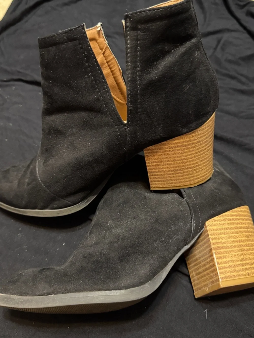 Qupid Black Suede Ankle Booties with Stacked Wood Heel